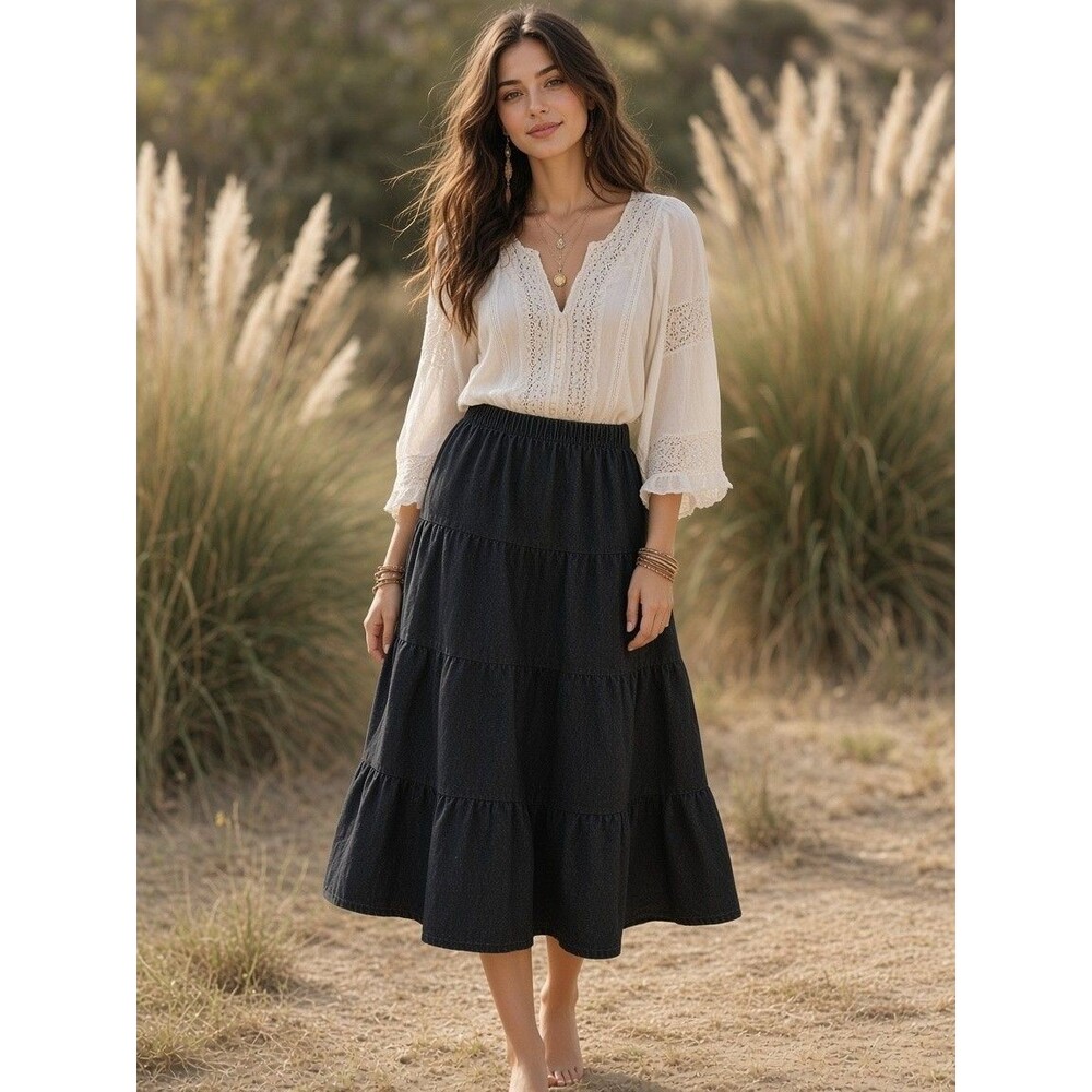 Baby'O Women's Below the Knee 4 Tiered Black Denim Prairie Skirt Size XXL